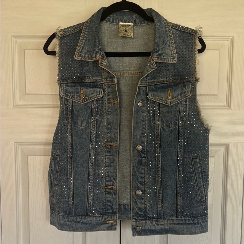 Vocal Denim Studded Vest in Light Blue with Rhinestones